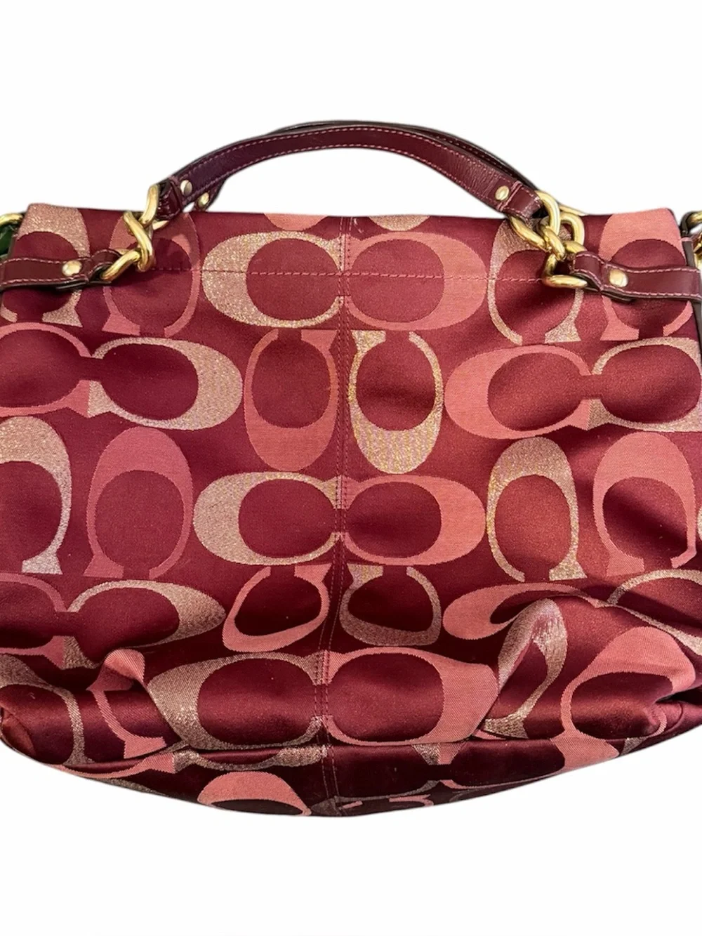 Coach Poppy Signature Sateen Hobo Shoulder Bag Burgundy Pink Metallic Gold Y2K